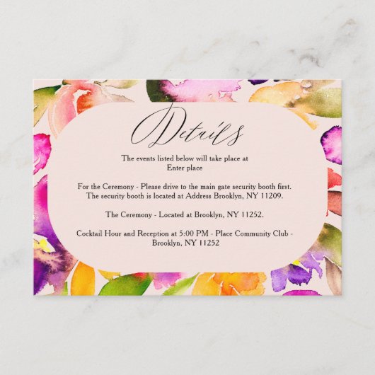 Vet oversize bloemige waterverf bruiloft details informatiekaartje (Voorkant)
