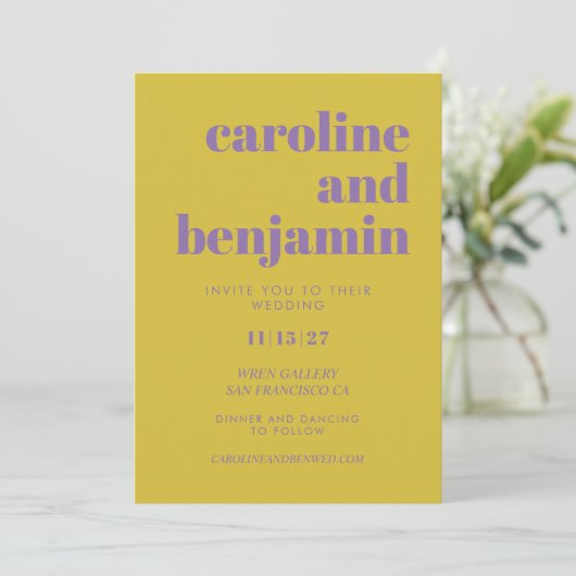 Vet Paars en Geel Typografie Modern Wedding Kaart (Staand voorkant)
