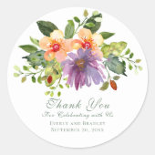 Vet Paarse Bloemen Groene Perzik Bruiloft Dank u Ronde Sticker (Voorkant)