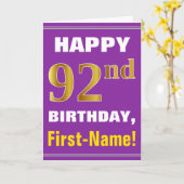 Vet, Paarse, Faux Gold 92e Verjaardag w / Naam Kaa Kaart (Gele Bloem)