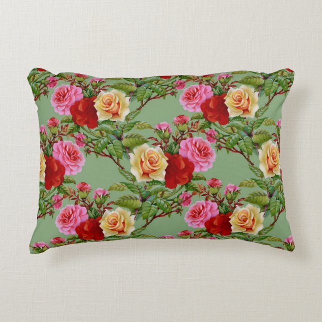 Vet Patroon Rood Geel Roze Rozen en gebladerte Accent Kussen (Voorkant)