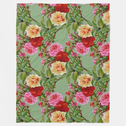 Vet Patroon Rood Geel Roze Rozen en gebladerte Fleece Deken (Voorkant)