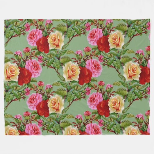 Vet Patroon Rood Geel Roze Rozen en gebladerte Fleece Deken (Voorkant (Horizontaal))