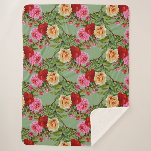 Vet Patroon Rood Geel Roze Rozen en gebladerte Sherpa Deken (Voorkant)