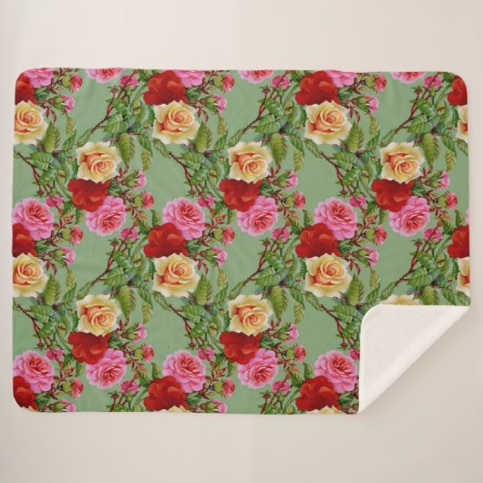 Vet Patroon Rood Geel Roze Rozen en gebladerte Sherpa Deken (Voorkant (horizontaal))