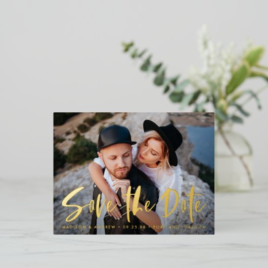 Vet penseelscript De datum opslaan Folie Uitnodiging Briefkaart (Staand Voorkant)