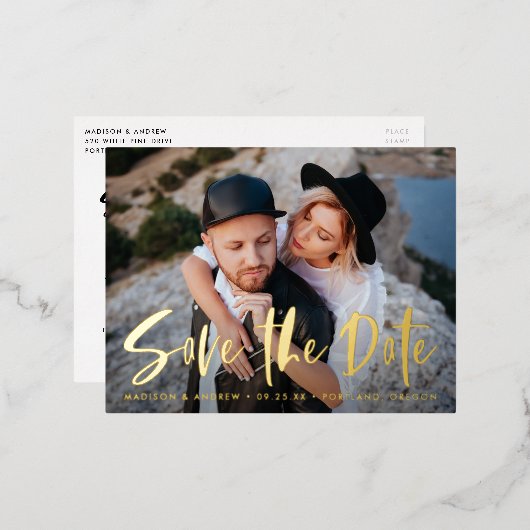 Vet penseelscript De datum opslaan Folie Uitnodiging Briefkaart (Voorkant / Achterkant)