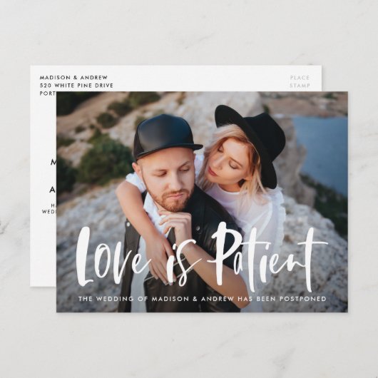 Vet penseelscript Love is Patiëntenuitstel Aankondigingskaart (Voorkant / Achterkant)