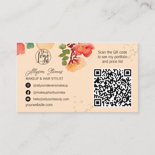 Vet perzik bloemengoud make-up haar logo qr code visitekaartje (Achterkant)
