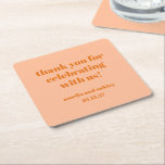 Vet Perzik Sinaasappel Retro Custom Wedding Bedank Kartonnen Onderzetters<br><div class="desc">Voeg een doordachte touch aan uw bruiloft receptie of speciale gebeurtenis met deze gepersonaliseerde dank u onderzetters! Met een modern en minimalistisch design in zacht perzikkleurig Sinaasappel met elegante witte typografie, zijn deze onderzetters een stijlvolle manier om uw gasten show te geven. met de namen en trouwdatum van het paar,...</div>