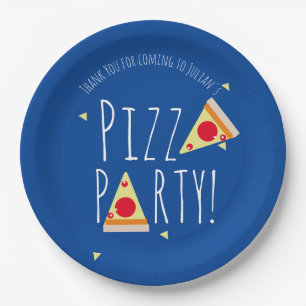 Vet Pizza Verjaardagsfeest Restaurant Blauw Papieren Bordje