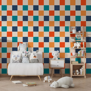 Vet Retro Checkerboard Sinaasappel Blauwgroen Mari Behang