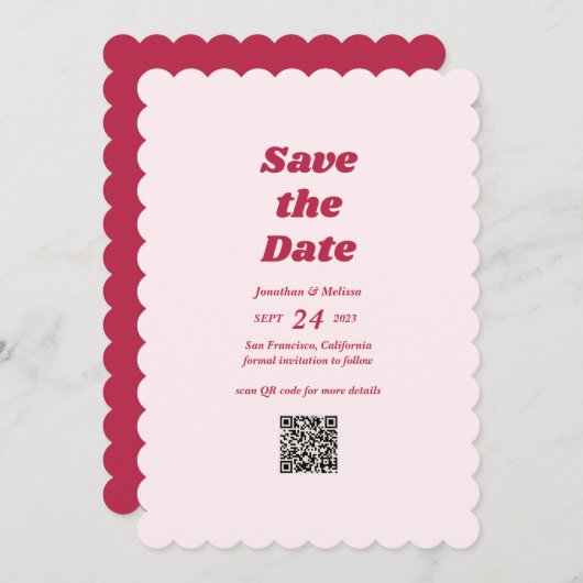 Vet Retro Chic Viva Magenta Roze QR code Bruiloft Save The Date (Voorkant / Achterkant)