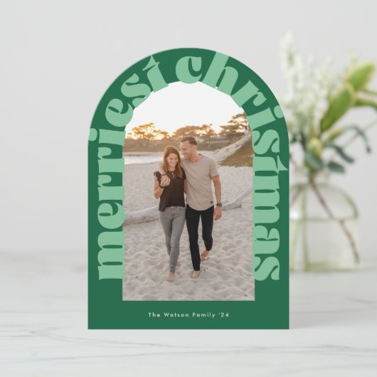 Vet Retro Groene Foto Merriest Arch Holiday Kaart (Staand voorkant)