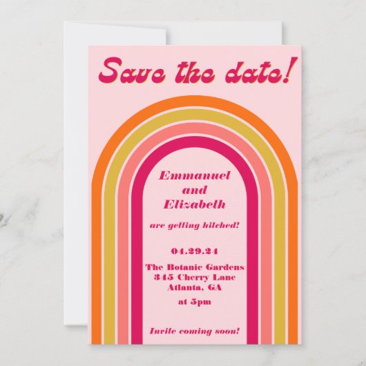 Vet Retro Heet Roze, Sinaasappel & Geel Bruiloft Save The Date (Voorkant)