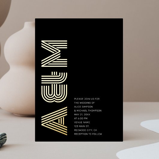 Vet Retro Monogram Bruiloft Zwart Folie Uitnodiging