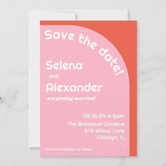 Vet Retro Roze & Sinaasappel Helder Gekleurde Brui Save The Date (Voorkant)