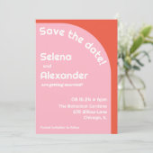 Vet Retro Roze & Sinaasappel Helder Gekleurde Brui Save The Date (Staand voorkant)