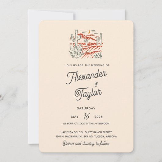 Vet Retro Saguaro Cactus Desert Landschap Bruiloft Kaart (Voorkant)