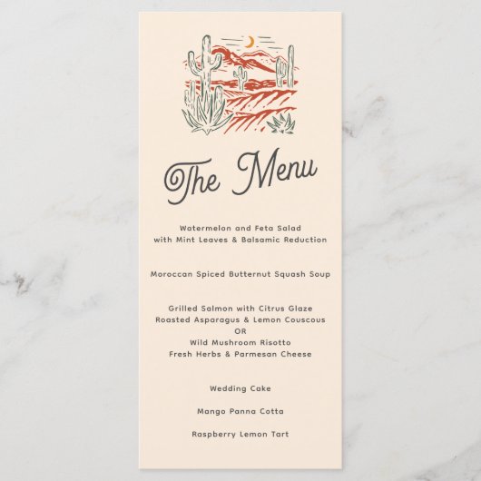 Vet Retro Saguaro Cactus Desert Landschap Bruiloft Menu (Voorkant)