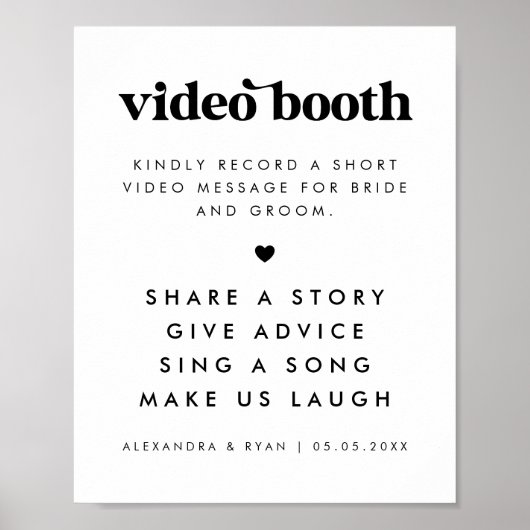 Vet Retro Script Hart Bruiloft Video Booth Sign Poster (Voorkant)