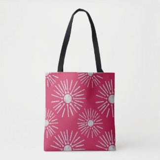 Vet retro zonburstpatroon in dieproze en wit tote bag