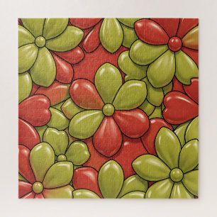 Vet Rode Groene Bloem Patroon Glanzende Hart Bloem Legpuzzel