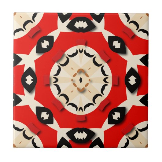 Vet Rood Beige Zwart Symmetrisch Geometrisch Patro Tegeltje (Voorkant)