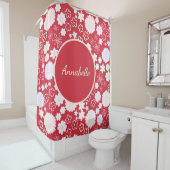 Vet rood crème bloemen flessenpatroon genaamd douchegordijn (In situ)