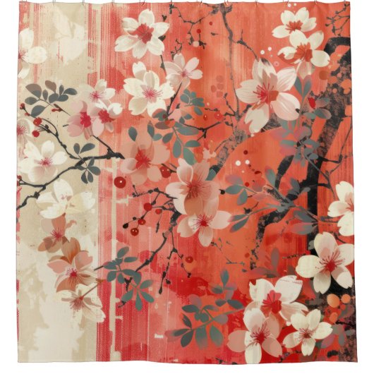Vet Rood en Crème Sakura Douche Gordijn (Voorkant)