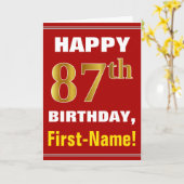 Vet, rood, Faux Gold 87th Birthday met naam Kaart (Gele Bloem)