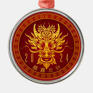Vet Rood & Goud Hout Dragon Maan Nieuwjaar 2024 Metalen Ornament