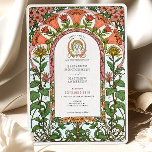 Vet Rood & Gouden Bloemen Art Nouveau bruiloft Kaart