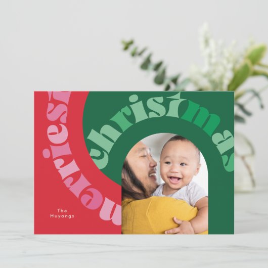 Vet Rood Groen Typografie Ovaal Een Foto Kerst Feestdagenkaart (Staand voorkant)