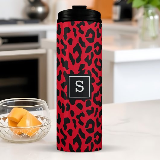 Vet Rood Luipaard Dierenprint Monogram Thermosbeker