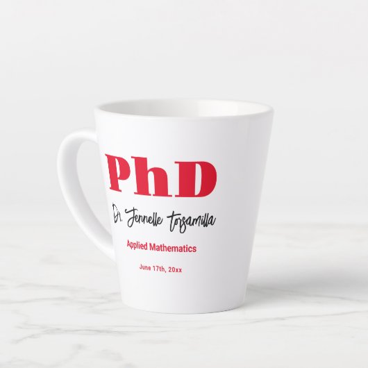 Vet Rood Naam PhD Afstuderen Latte Mok (Linkerhoek)