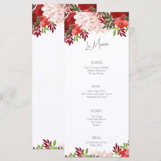 Vet Rood Roze Bloemen Vlak Bruiloft Menu (Voorkant / Achterkant)
