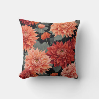 Vet Rood & Sinaasappel Dahlia Bloempatroon Kussen