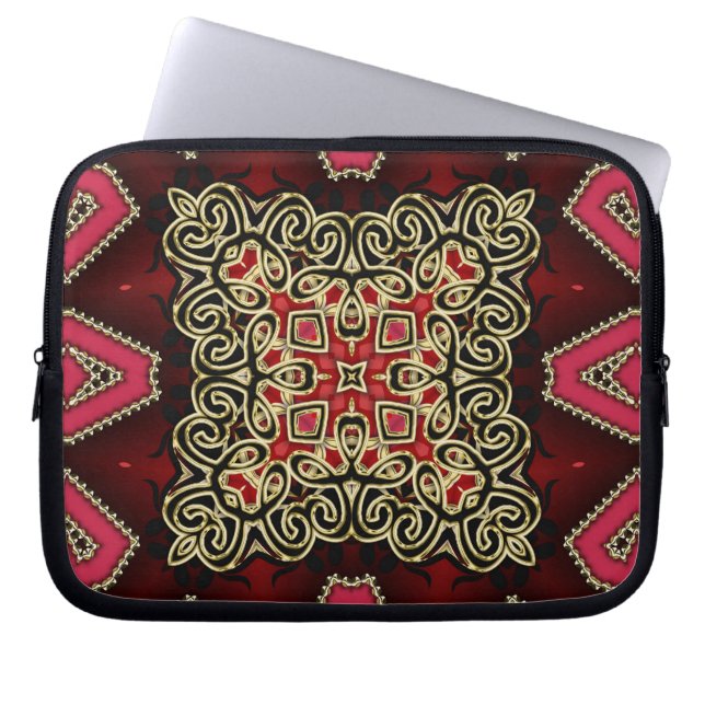 Vet Rood Zwart Goud Geometrisch Keltisch Laptop Sleeve (Voorkant)