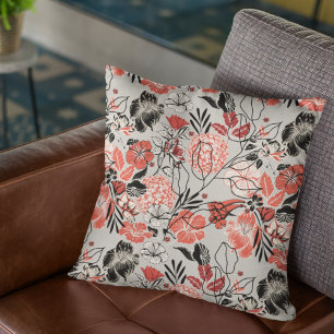 Vet Rood Zwart Taupe Bloemenpatroon Kussen