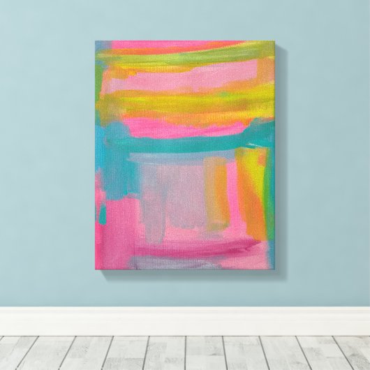 Vet Roze Blauw en Geel Abstract schilderen Canvas Afdruk (Insitu (Houten vloer))