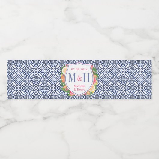 Vet roze bloemen Citrus Blue Tegel Weddenschap Cre Waterfles Etiket (Enkel label)