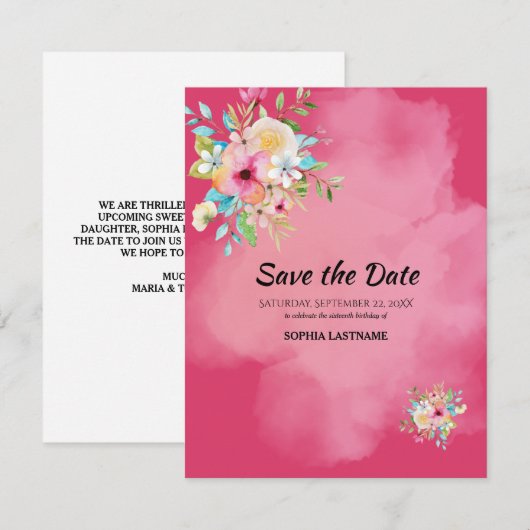 Vet Roze Bloemen Sweet 16 Flat Save The Date Kaart (Voorkant / Achterkant)