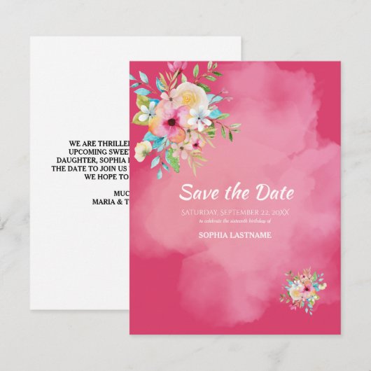Vet Roze Bloemen Sweet 16 Flat Save The Date Kaart (Voorkant / Achterkant)