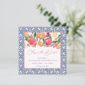 Vet roze bloemetjes met citrus en spaanse Tegels Save The Date (Staand voorkant)