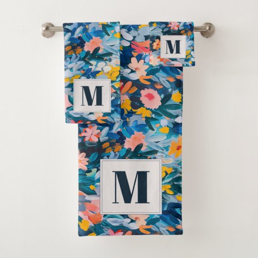 Vet Roze en Blauw Abstracte Bloemmonografie Bad Handdoek (Insitu)