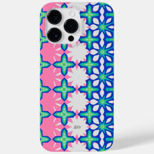 Vet roze en blauw geometrisch patroon met naam Case-Mate iPhone 14 pro max hoesje