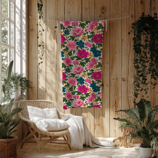 Vet Roze en Blauwe Bloemen op Crème Fleece Deken