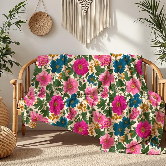 Vet Roze en Blauwe Bloemen op Crème Fleece Deken