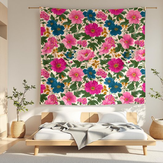Vet Roze en Blauwe Bloemen op Crème Fleece Deken